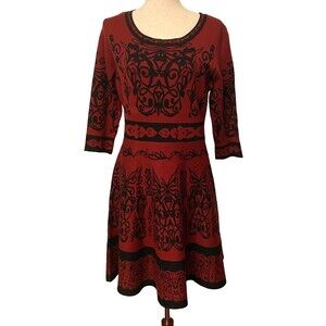 NEW TAYLOR Fit n Flare Sweater Dress Lg Burgundy Red Black Floral Celtic Gothic